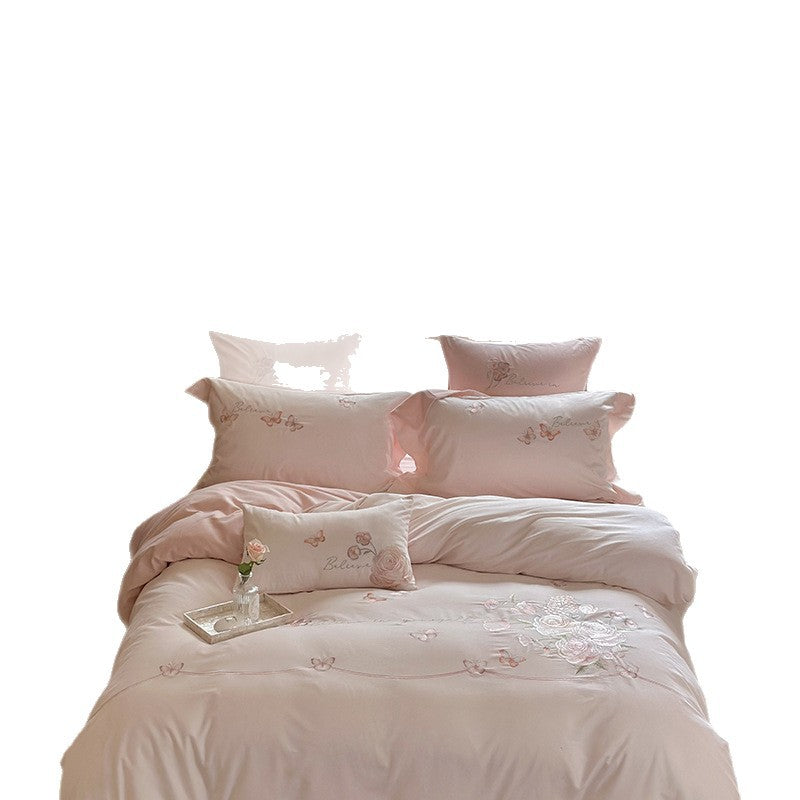 Embroidered Floral Satin Duvet Cover Set with Decorative Bow and Matching Pillow Shams
