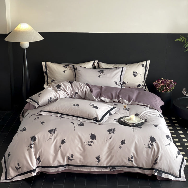 Reversible Satin-Finish Floral Duvet Cover Set with Contrast Border and Pillow Shams