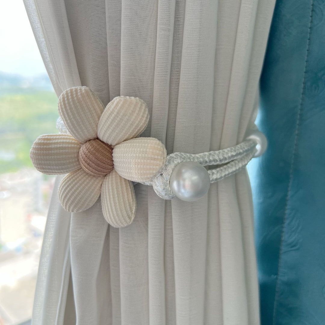 Fabric Flower Curtain Tieback with Braided Rope and Faux Pearl Accent
