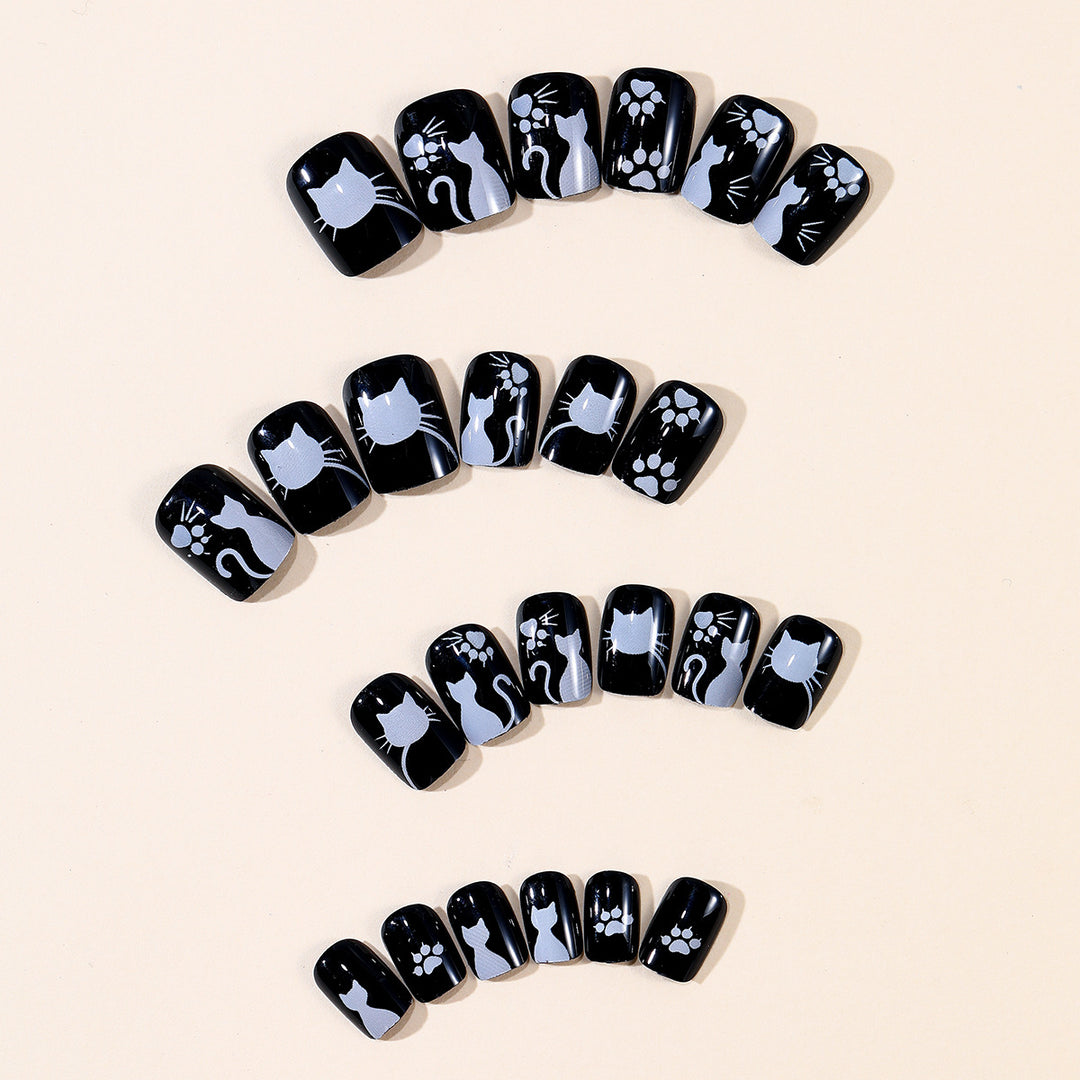 Whimsical Cat-Themed Press-On Nail Art Stornfield
