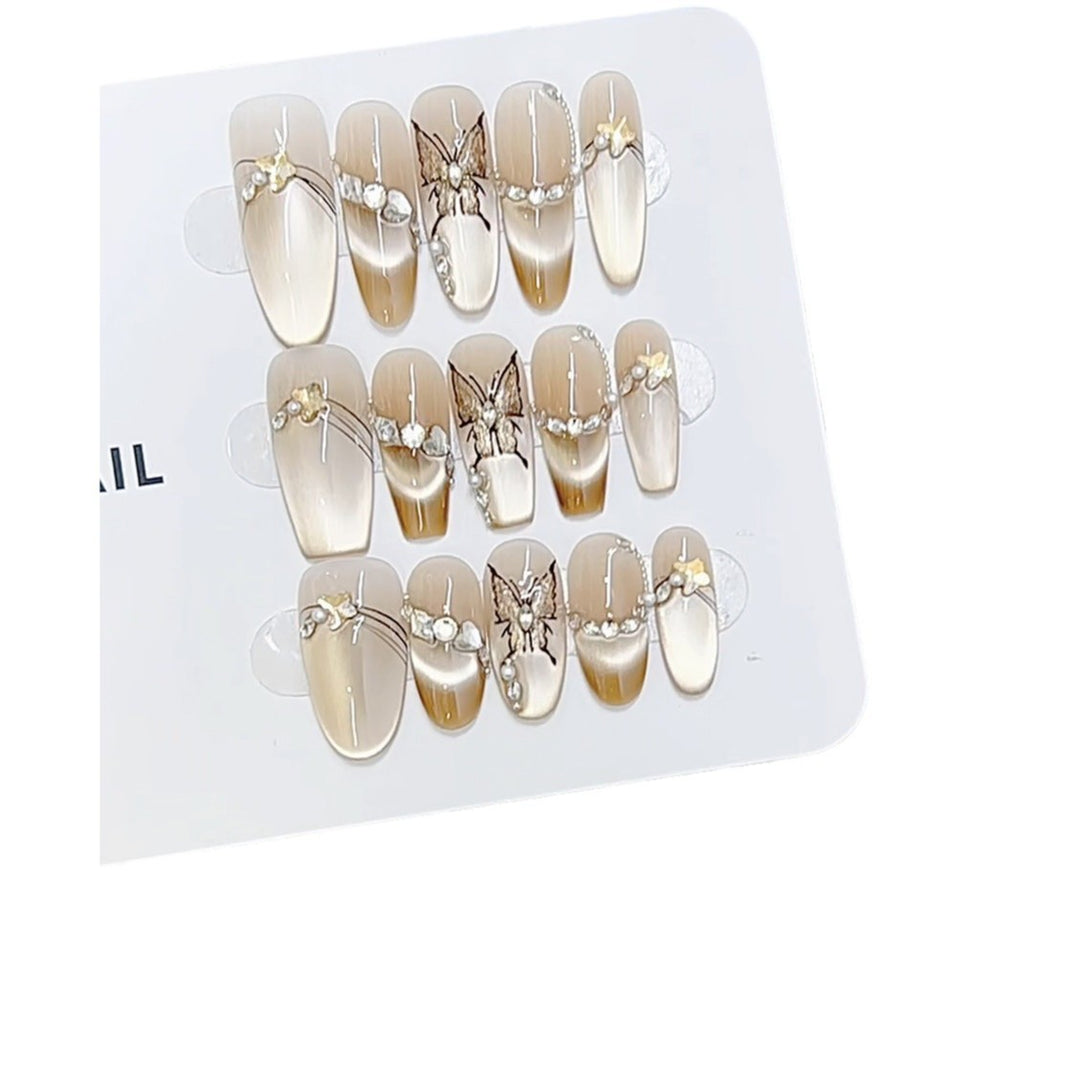 Artistic Butterfly and Pearl-Embellished Press-On Nail Set Stornfield