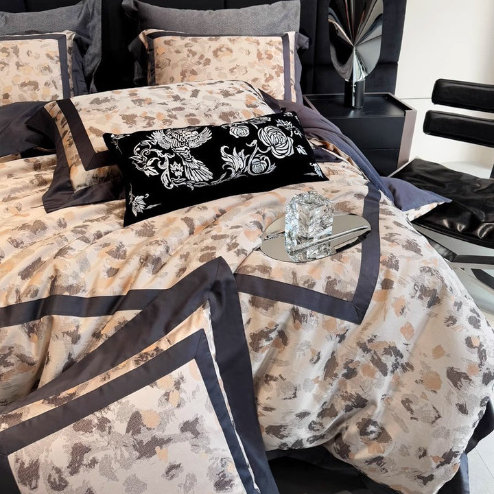 Jacquard-Patterned Reversible Duvet Cover Set with Satin Trim and Decorative Pillow Shams
