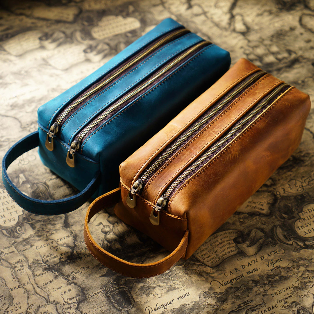Dual-Zipper Leather Pencil Case