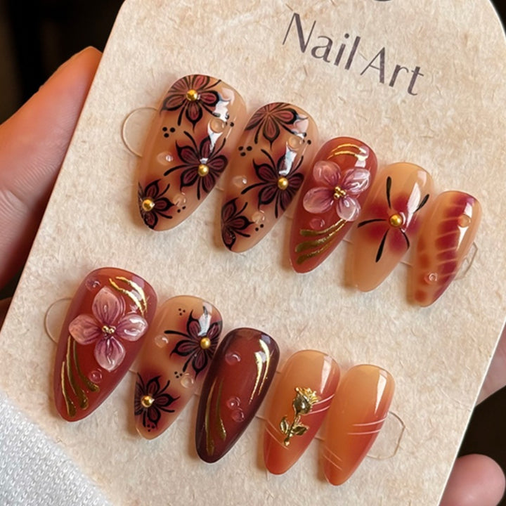 Artistic Floral and Gold Accent Press-On Nails Stornfield