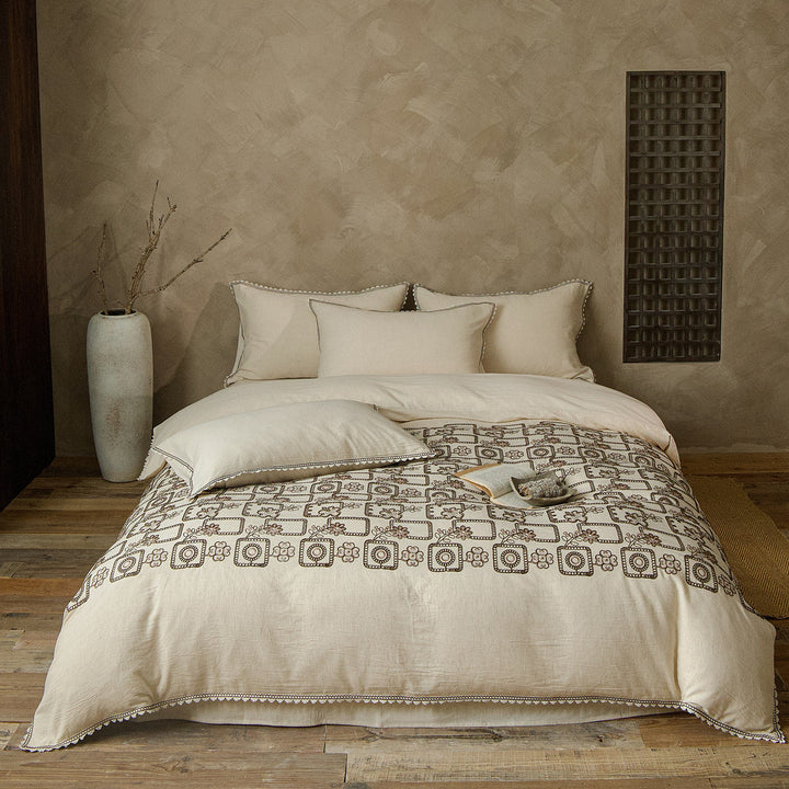 Bohemian Embroidered Cotton Duvet Cover Set with Geometric Stitching & Fringe Trim