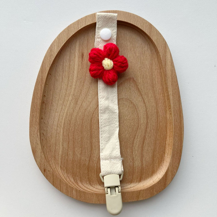 Crochet Flower Pacifier Clip with Cotton Strap