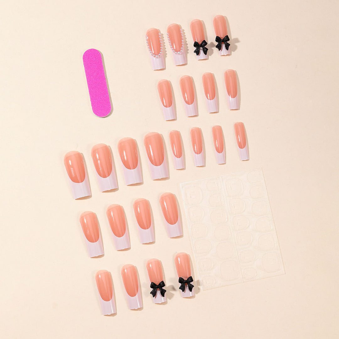 Elegant Press-On Nail Art Set with Pearl and Bow Accents Stornfield