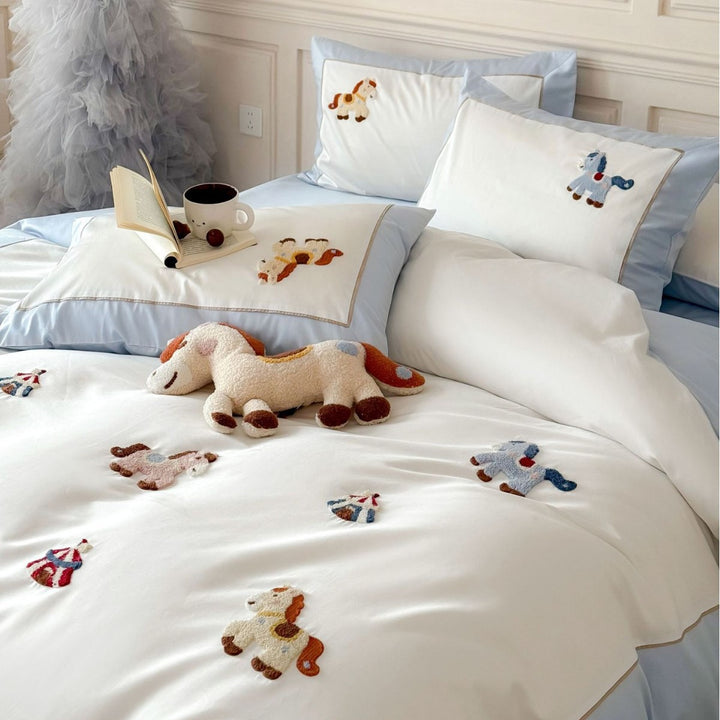 Embroidered Cotton Duvet Cover Set with Horse Appliqué