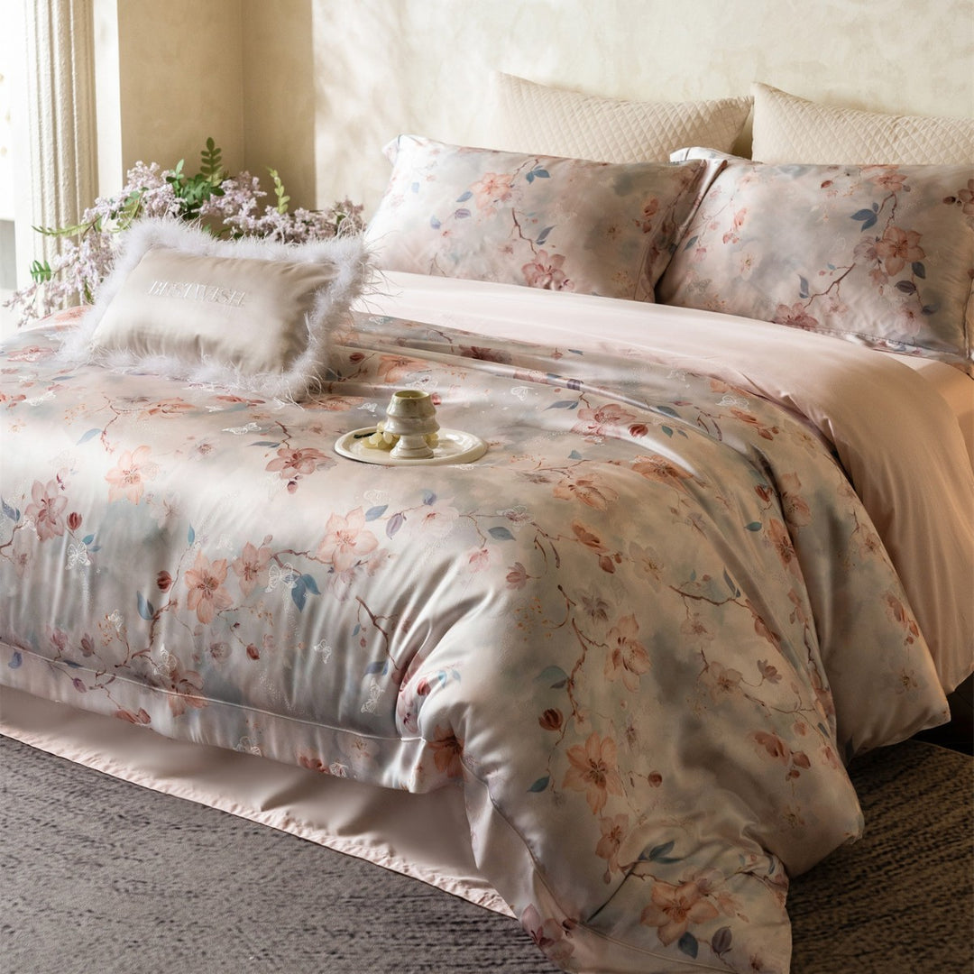 Silk-Effect Floral Satin Duvet Cover Set with Reversible Back & Hidden Zipper