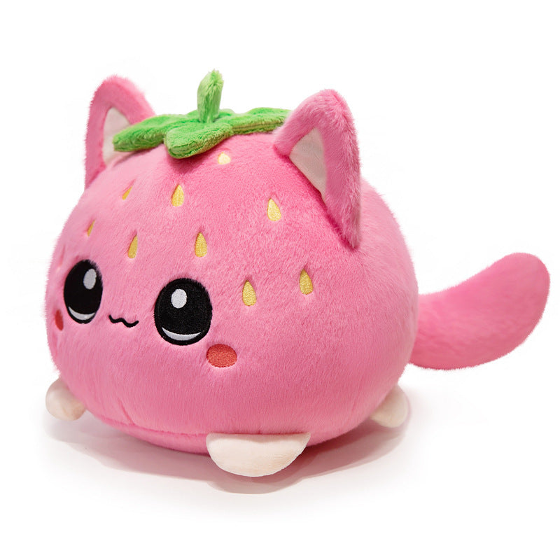 Round Strawberry Cat Plush Cushion with Embroidered Face Leaf Top & Soft Bean-Fill Stornfield