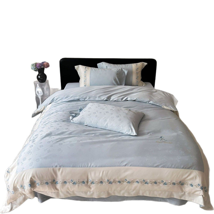 Elegant Satin-Feel Embroidered Duvet Cover Set with Bow-Tie Shams