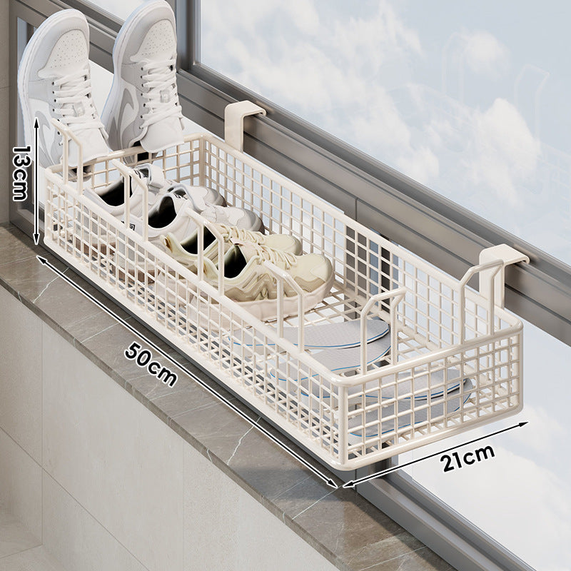 Window-Rail Hanging Shoe Storage Basket with Ventilated Grid and Adjustable Clamp Hooks