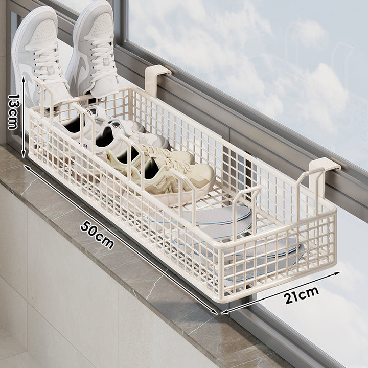 Window-Rail Hanging Shoe Storage Basket with Ventilated Grid and Adjustable Clamp Hooks