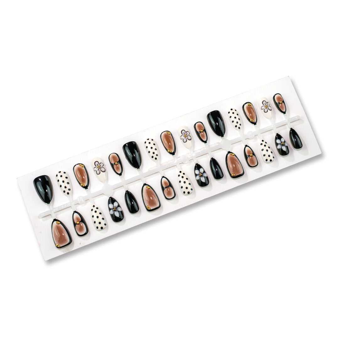 Artistic Press-On Nail Art Set with Floral and Polka Dot Designs Stornfield