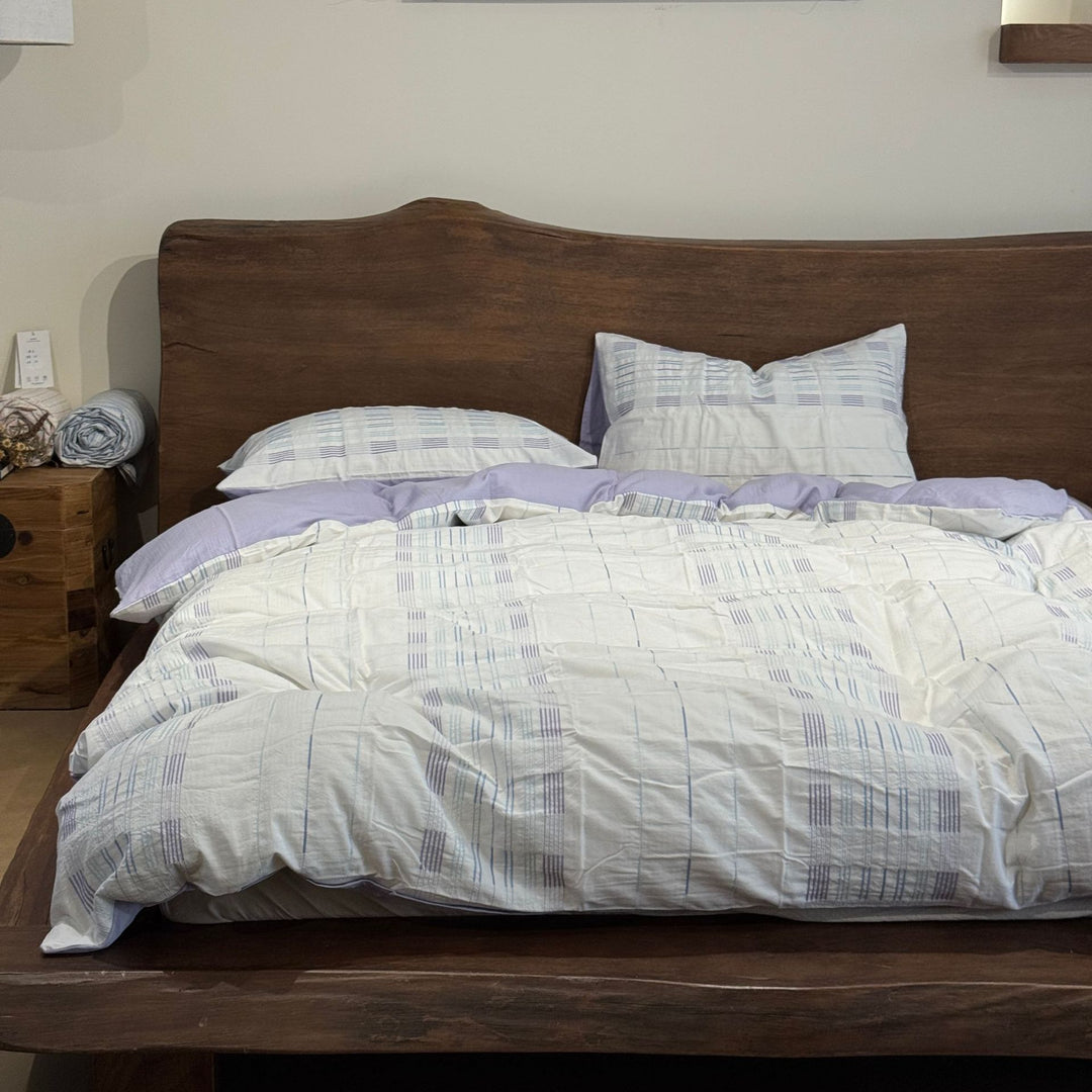 Quilted Lightweight Cotton Duvet Cover Set with Pastel Grid Textured Weave