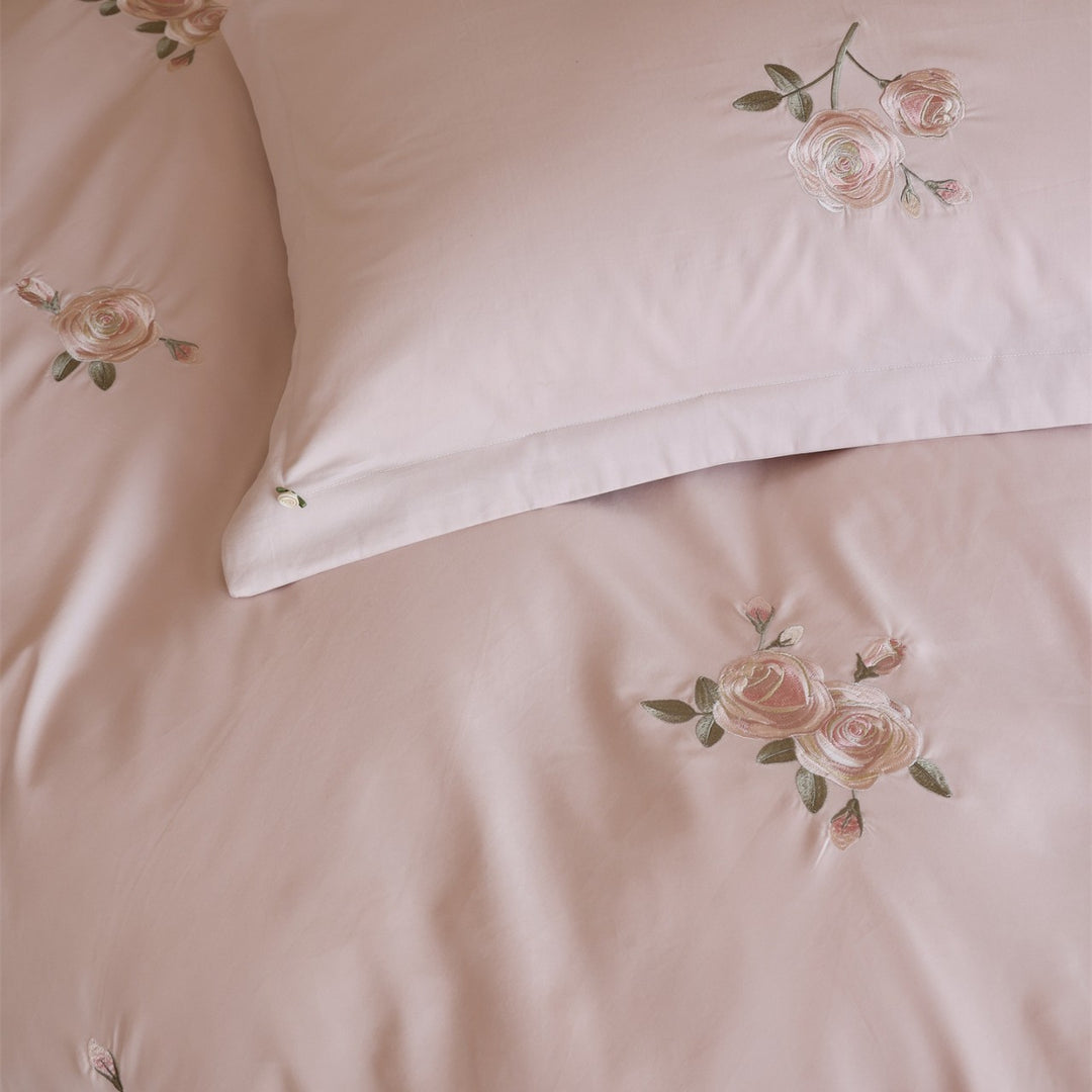 Embroidered Rose Cotton-Sateen Duvet Cover Set with Pillow Shams