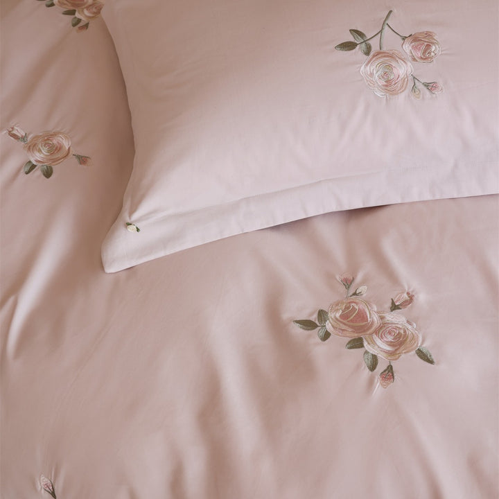 Embroidered Rose Cotton-Sateen Duvet Cover Set with Pillow Shams