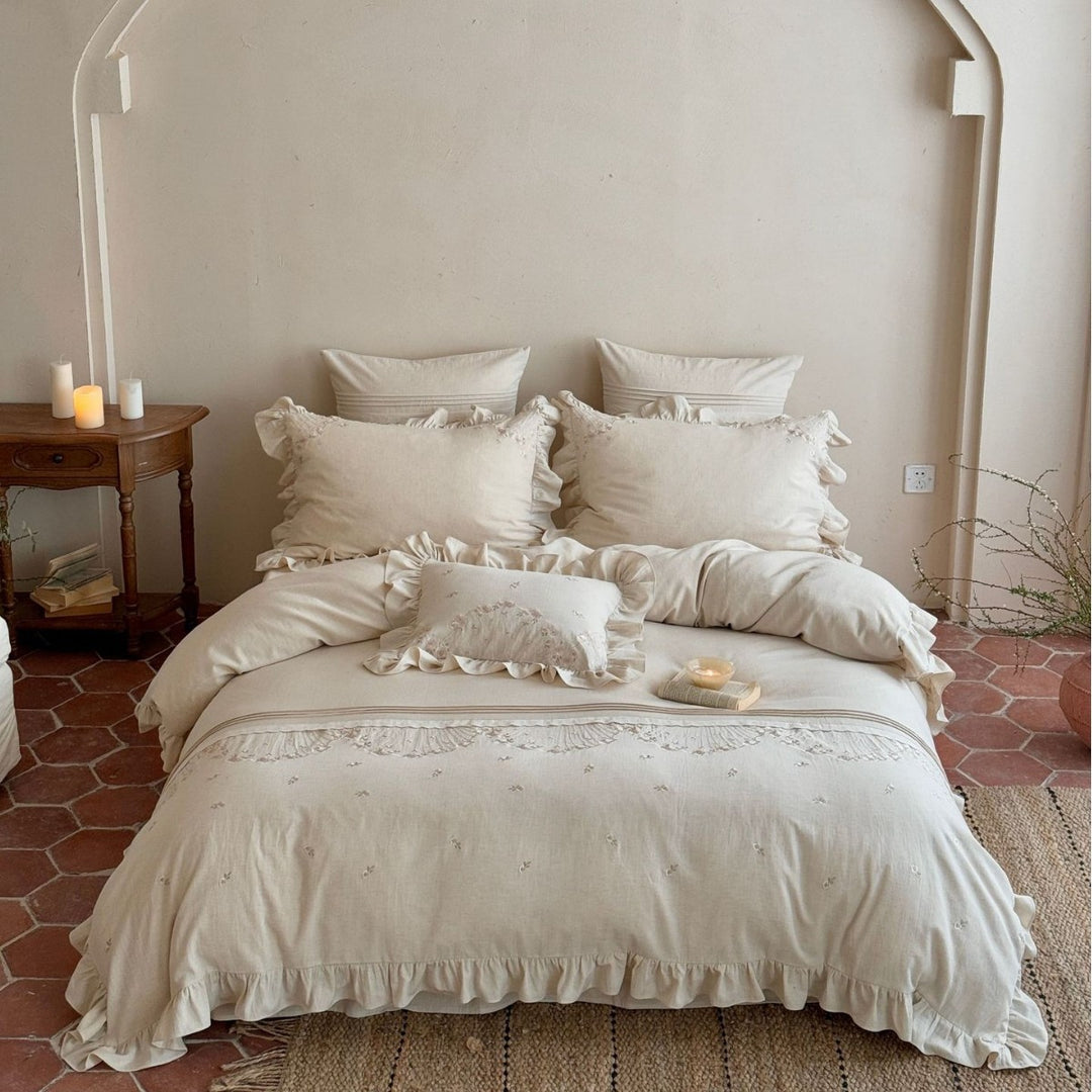 Embroidered Floral Ruffled Linen Duvet Cover Set