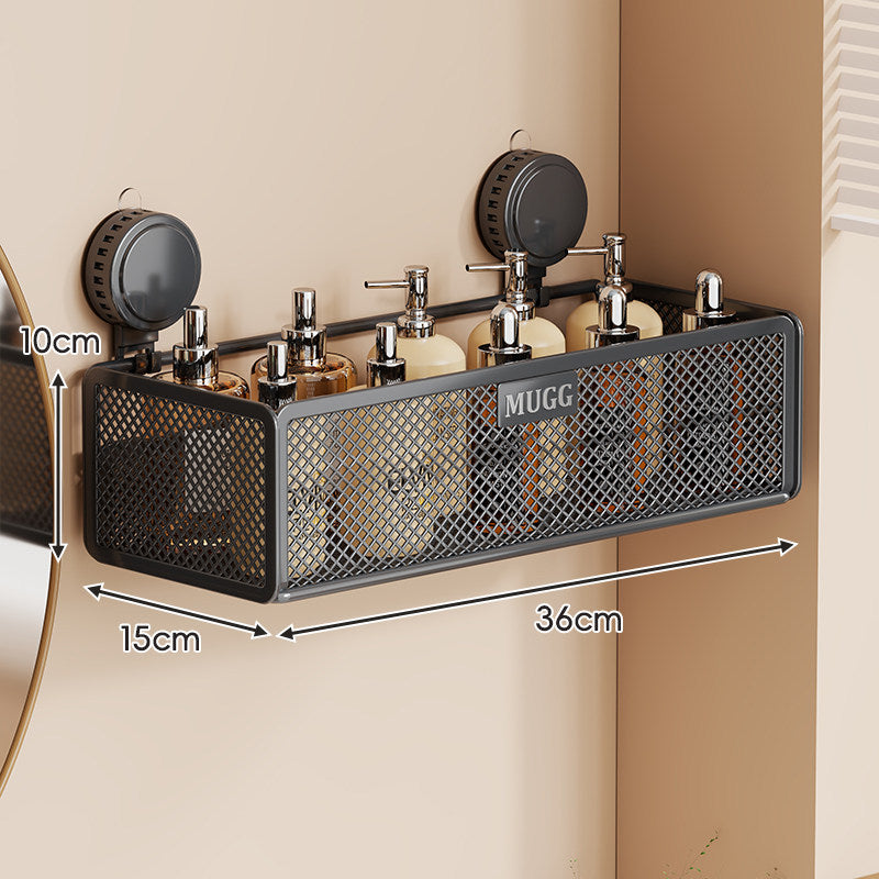 Wall-Mounted Suction Mesh Bathroom Organizer Shelf with Multi-Hook Rack