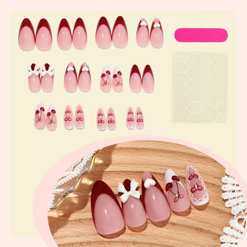 Decorative Press-On Nail Art Set with 3D Bow and Cherry Designs Stornfield