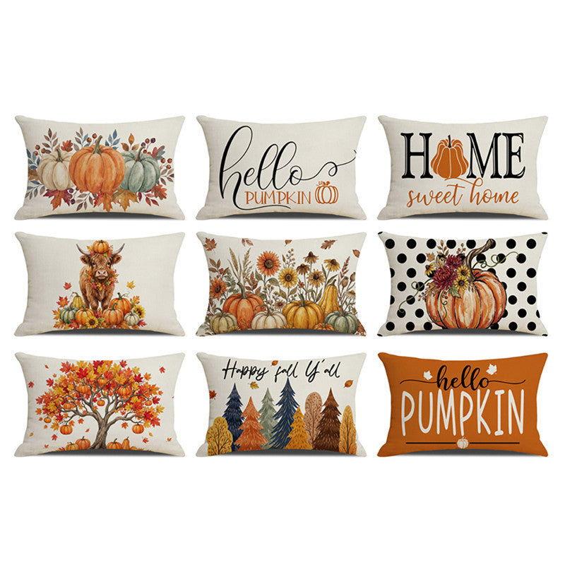 Rectangular Linen-Cotton Decorative Pillow Cover with Polka Dot Background and Autumn Pumpkin Floral Print