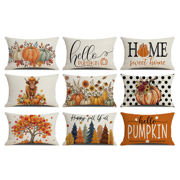 Rectangular Linen-Cotton Decorative Pillow Cover with Polka Dot Background and Autumn Pumpkin Floral Print