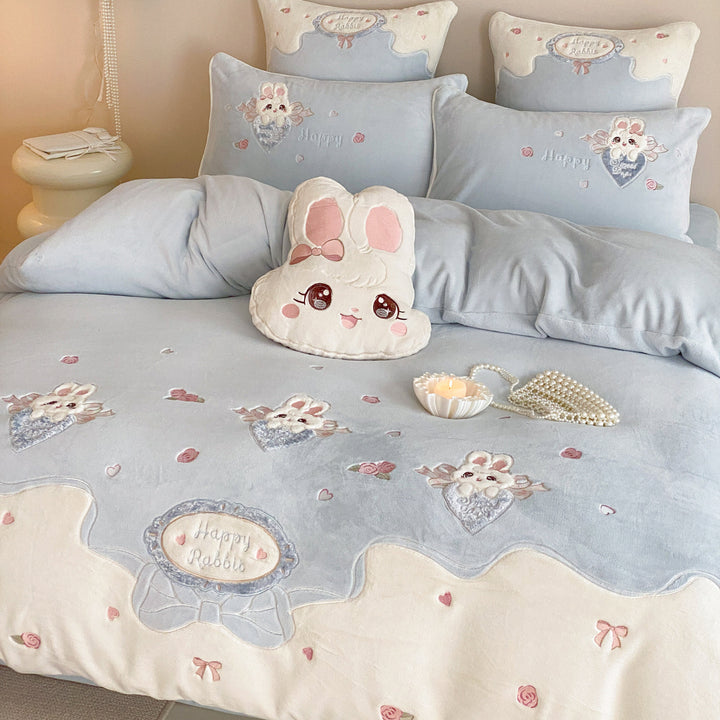 Embroidered Bunny Cotton-Sateen Duvet Cover Set with Plush Bunny Pillow and Ruffled Edge