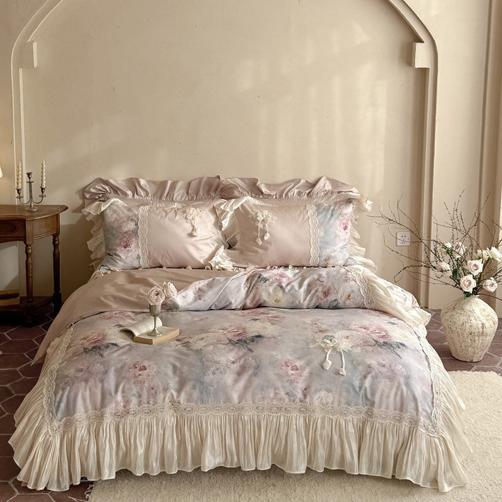 Floral Watercolor Sateen Ruffled Duvet Cover Set with Lace Trim and Pleated Bed Skirt