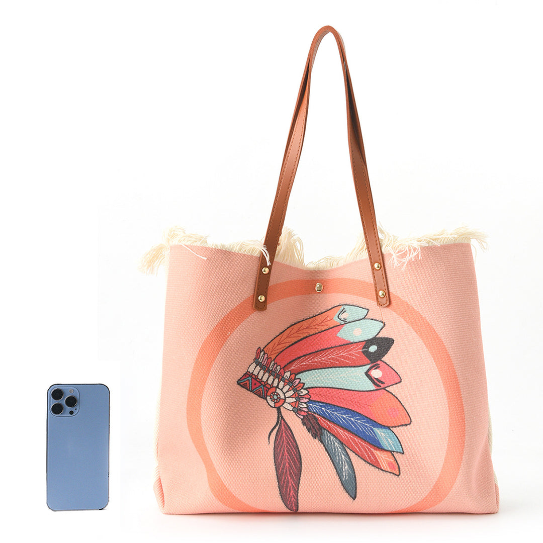 Beach bag with floral pattern and fringes Stornfield