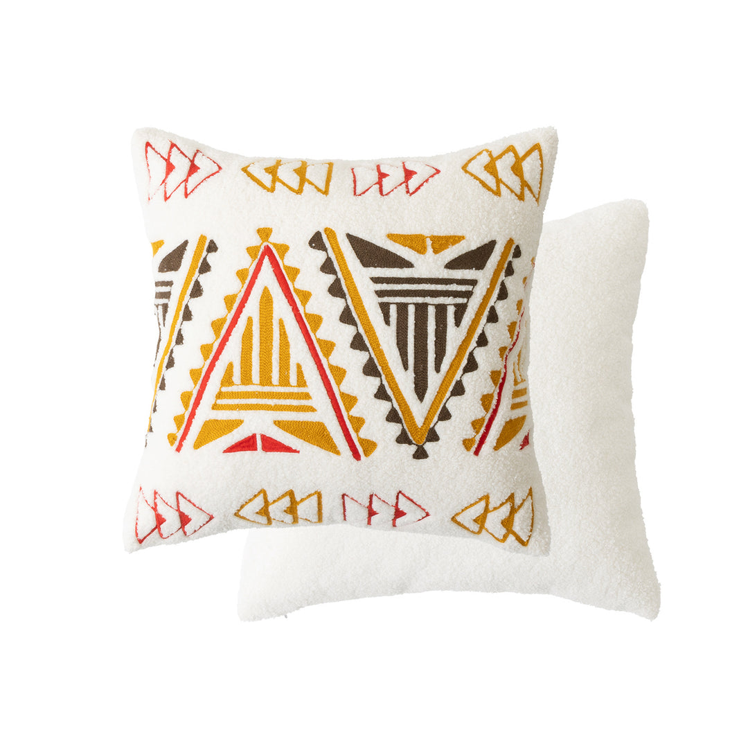 Bouclé pillow with hand-stitched ethnic design and removable cover Stornfield