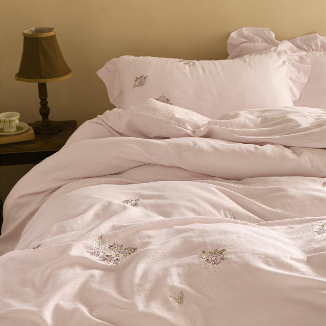 Embroidered Botanical Cotton-Linen Blend Ruffled Pillow Sham Duvet Cover Set