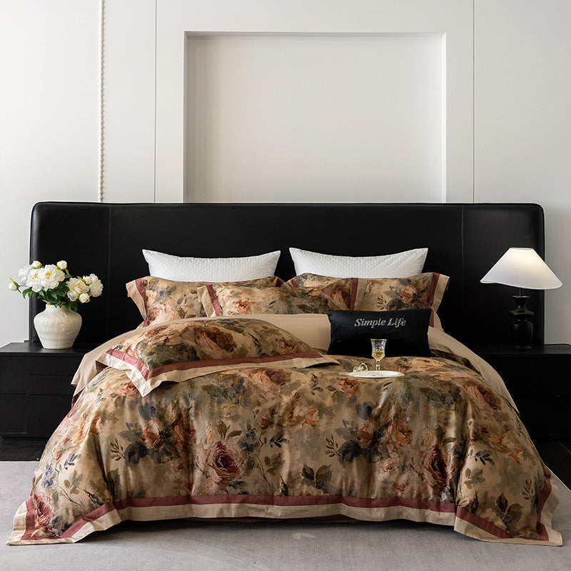 Vintage Painterly Floral Brushed Microfiber Duvet Cover Set with Contrast Ribbon Border