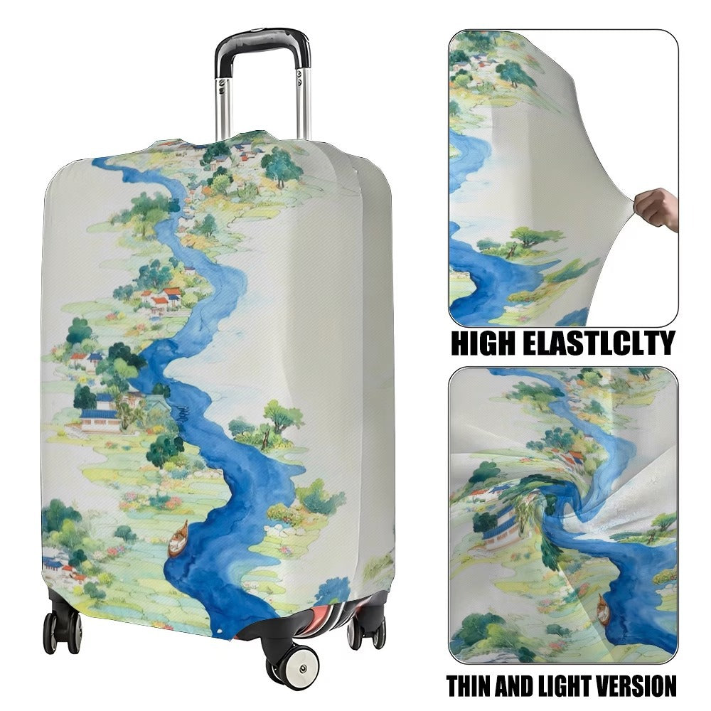 Unisex nan elastic suitcase cover with detailed river and village illustration print, tear-resistant stretch protection for hard shell and fabric trolley Stornfield
