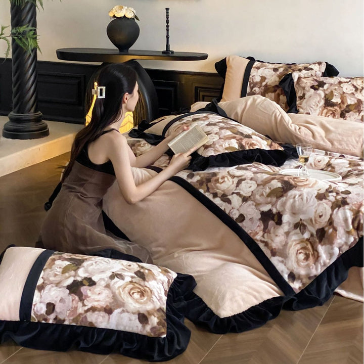 Floral Velvet-Trim Duvet Cover Set with Ruffled Edges and Euro Pillow Shams