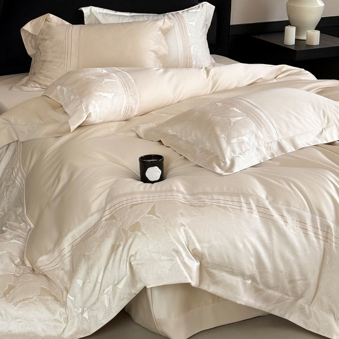 Luxury Satin Jacquard Floral Duvet Cover Set with Pleated Bed Skirt