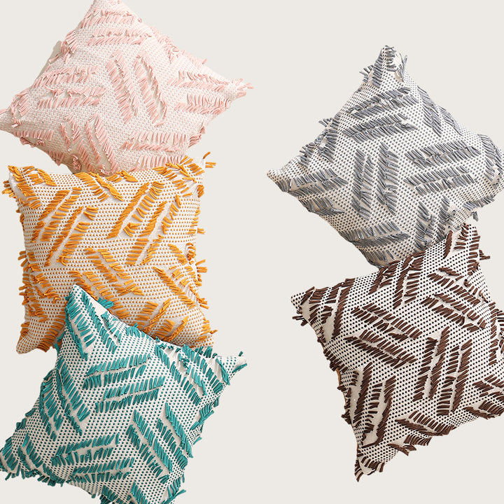 Decorative pillow with woven chenille relief structure and fringe application Stornfield