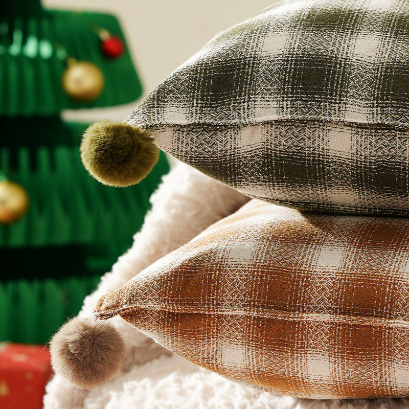 Decorative square cushion cover with pompom corners and checkered jacquard pattern Stornfield