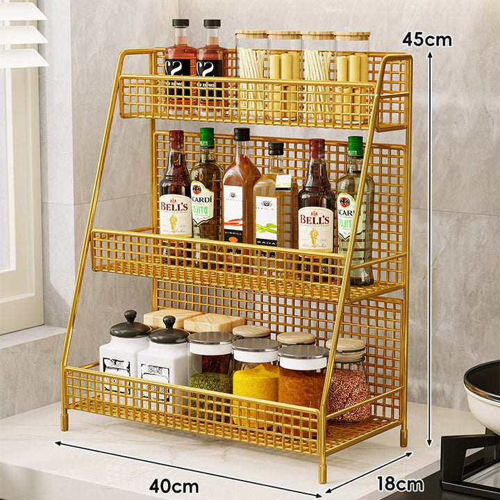 Three-Tier Mesh Countertop Kitchen Organizer Rack for Bottles and Spices