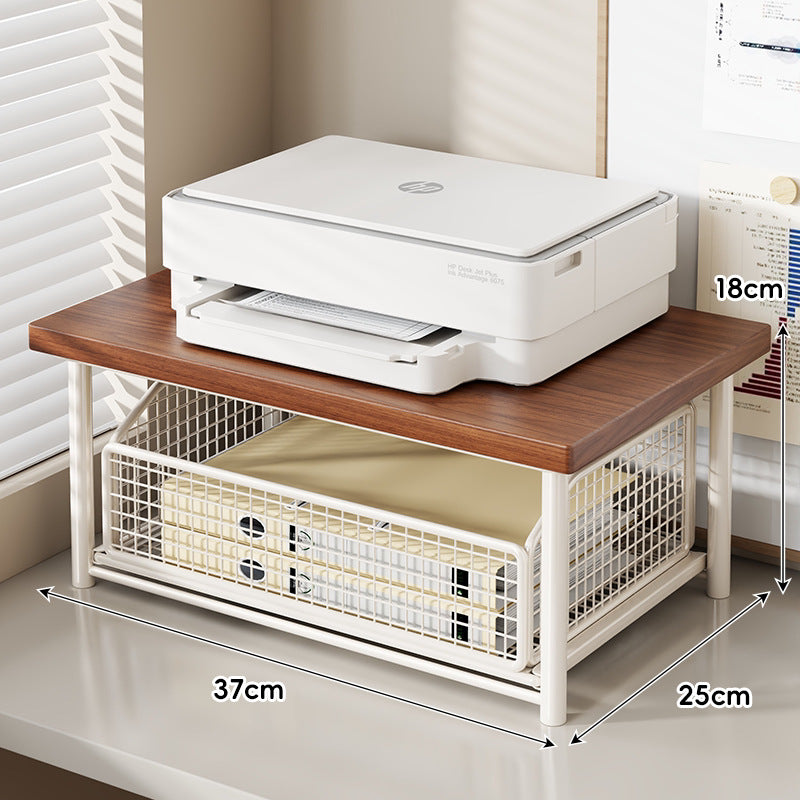 Desktop Printer & Office Equipment Riser with Wooden Top and Sliding Mesh Drawer