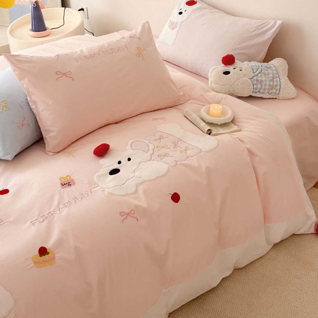 Embroidered Plush Bear Cotton Duvet Cover Set