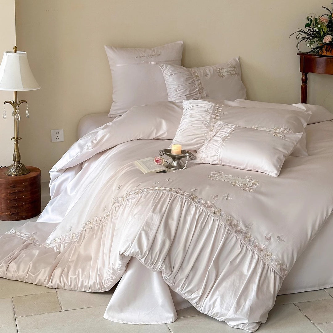 Embroidered Satin-Feel Ruffled Duvet Cover Set with Decorative Pillow Shams