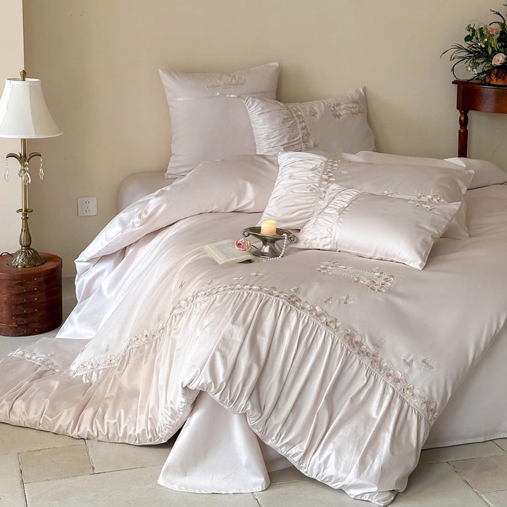 Embroidered Satin-Feel Ruffled Duvet Cover Set with Decorative Pillow Shams