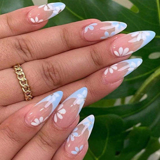 Pointed Almond-Shaped Press-On Nails with Floral Design Stornfield