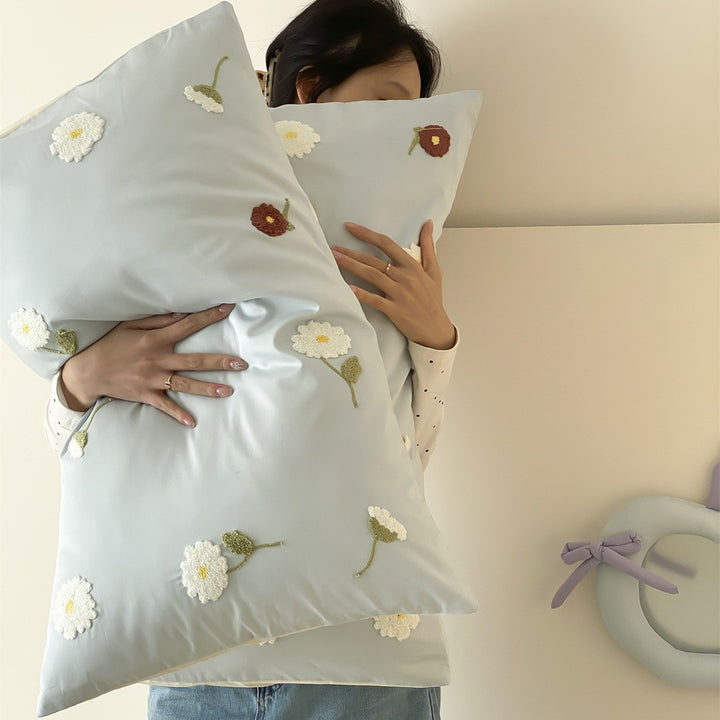 Embroidered Floral Cotton-Sateen Duvet Cover Ensemble with Reversible Satin Back & Oxford Shams