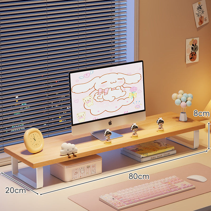 Low-Profile Wooden Monitor Riser with Metal Legs and Under-Shelf Storage