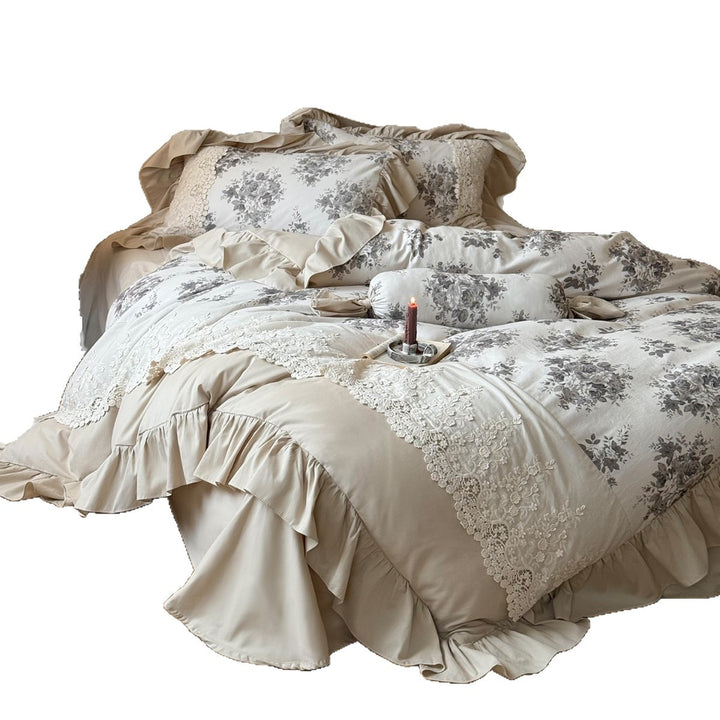 Vintage Floral Lace-Trim Ruffled Duvet Cover Set
