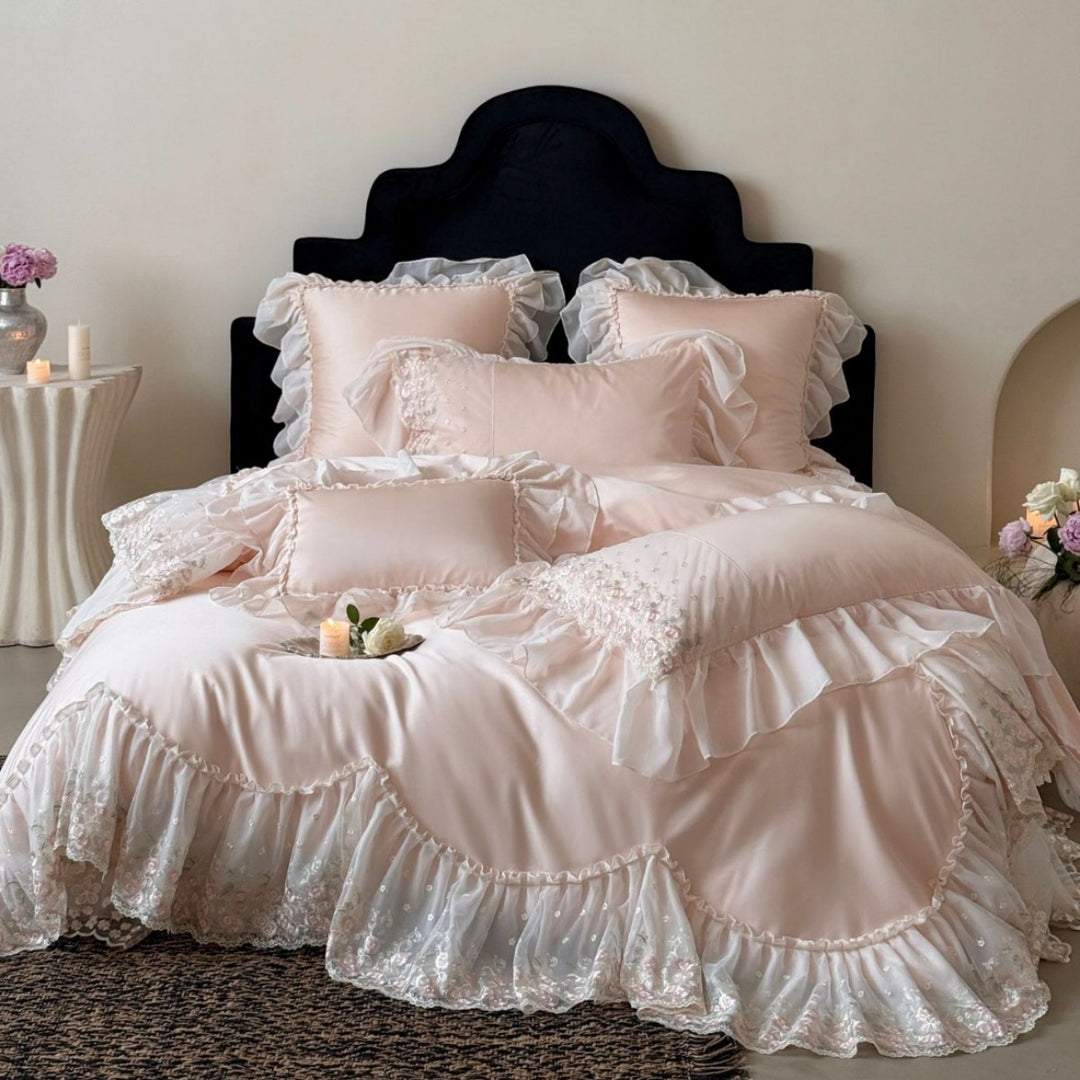Ruffled Satin-Effect Embroidered Duvet Cover Set with Lace Trim