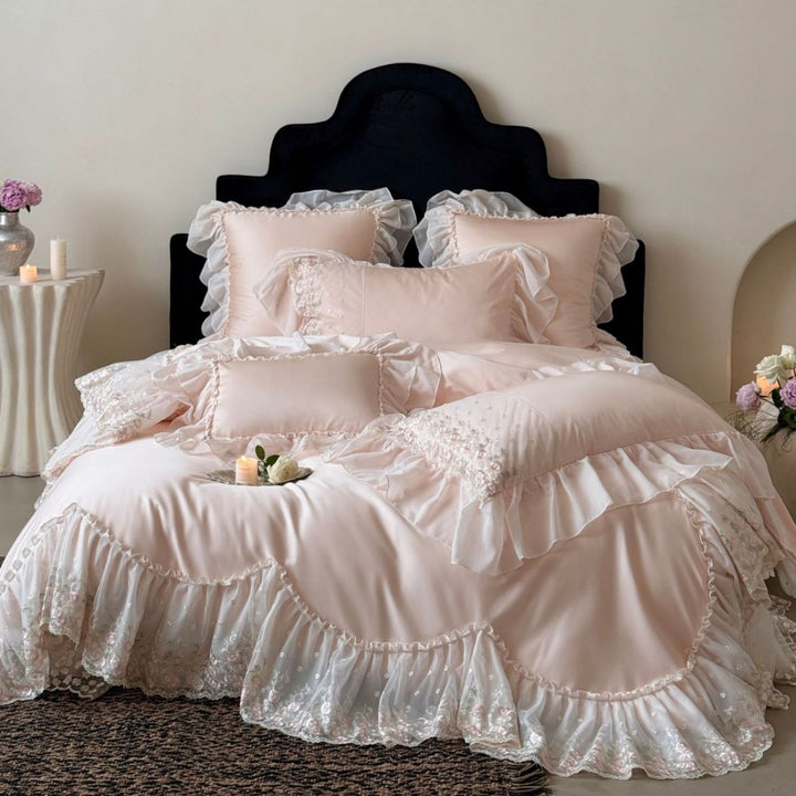 Ruffled Satin-Effect Embroidered Duvet Cover Set with Lace Trim