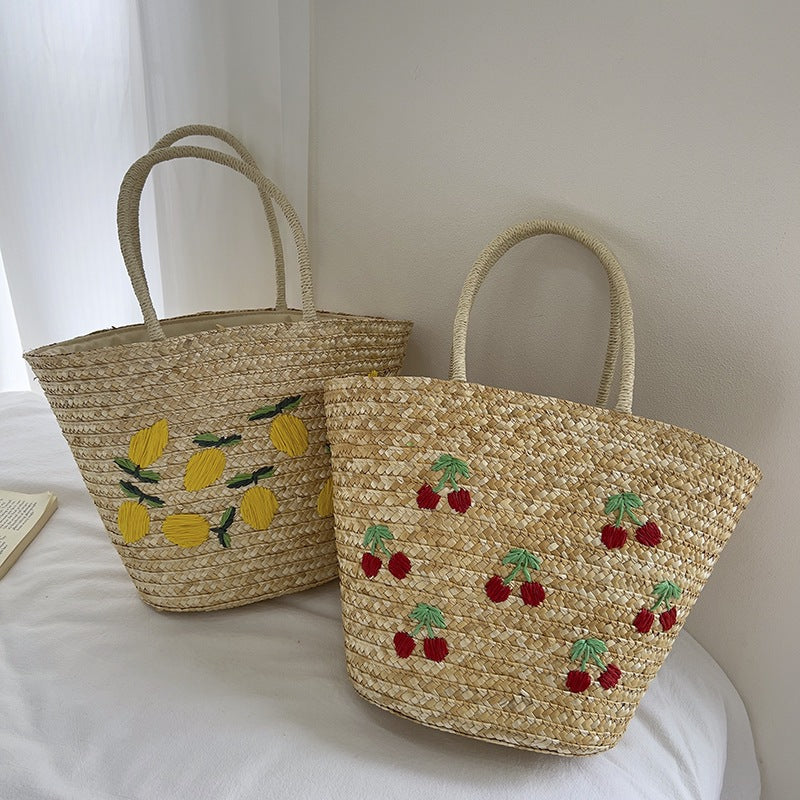 Handmade straw bag with colorful lemon motif Stornfield