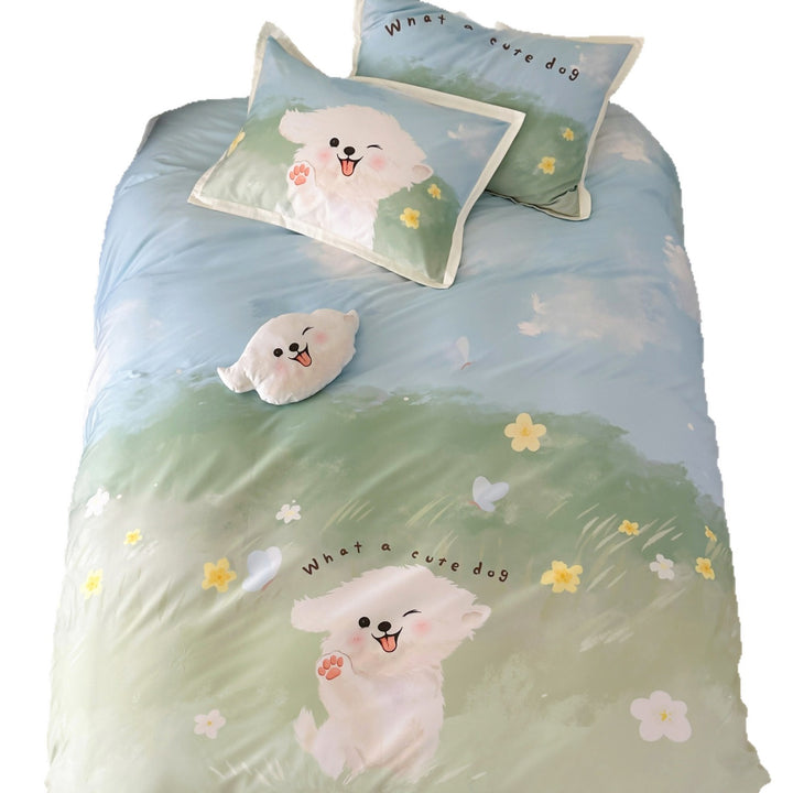 Cartoon Puppy Printed Cotton Sateen Duvet Cover and Pillowcase Set with Piped Edge